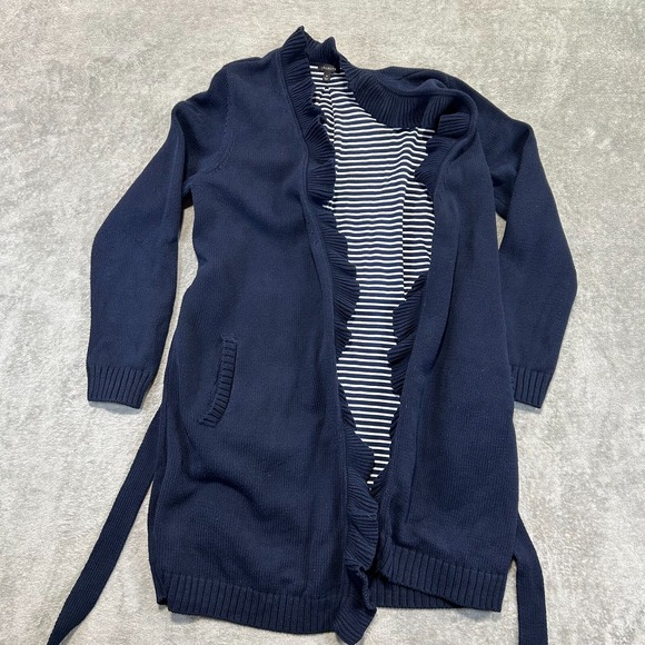 Talbots Blue Ruffle Cardigan Womens Medium Tie Waist Lined Pockets Cotton Blend - Picture 5 of 12